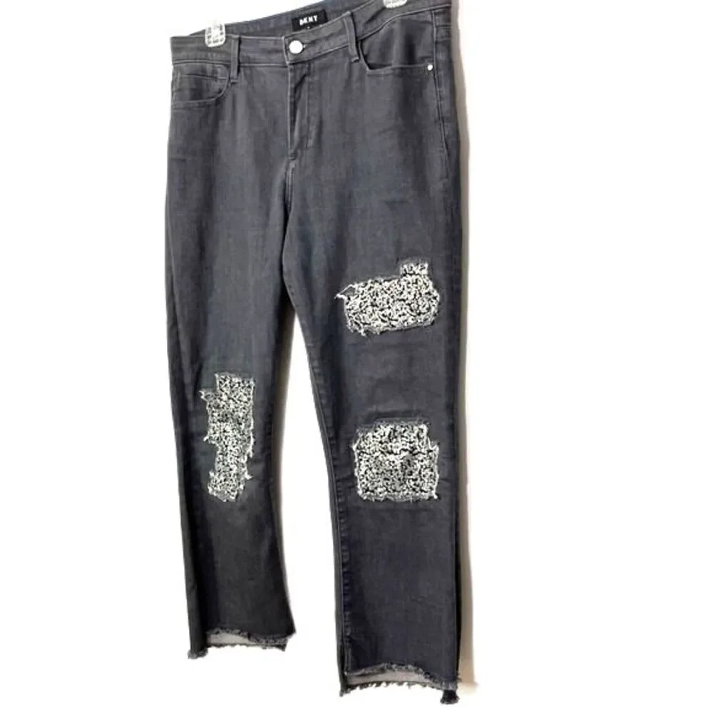 DKNY Charcoal Grey Silver Sequins Raw Hem Cropped Skinny Pants Size 29